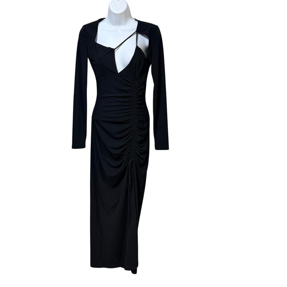 Zara Womens Black Cutout Ruched Long Sleeve Maxi Dress XS Asymmetric Neckline